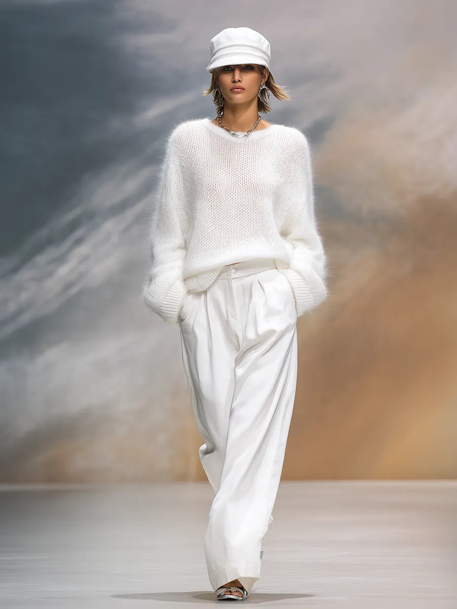 Elegant Solid Color Round Neck Loose Pullover Sweater