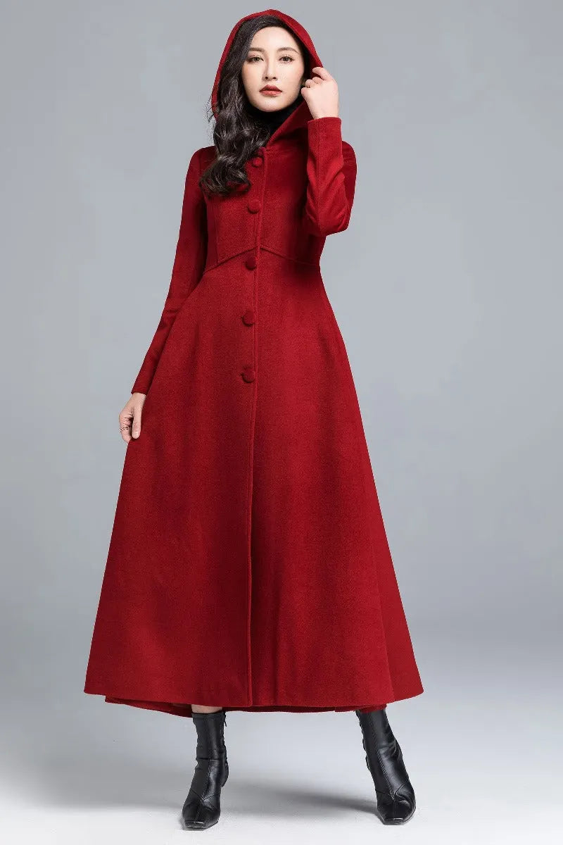 Black Wool Hooded Coat – Vintage A-Line Maxi Overcoat for Women 1839