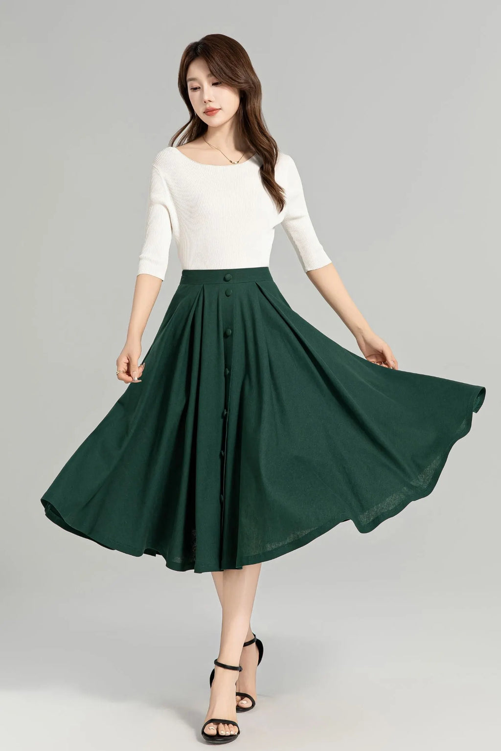 Dark Green Linen-Cotton Midi Skirt - A-Line Silhouette, Button-Down Detail 4963