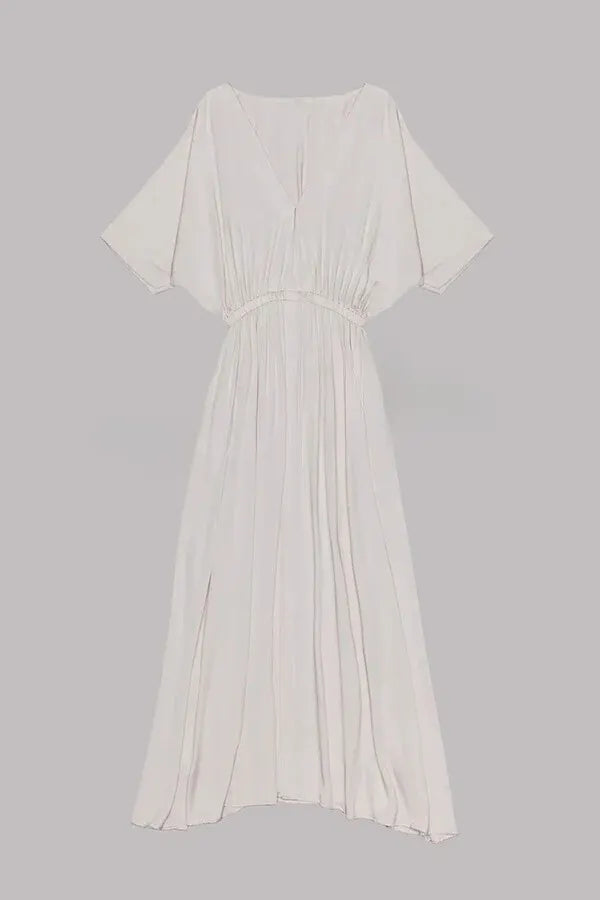 Soft and Elegant Kimono Sleeve Stretchy Waist Pocketed Slit Maxi Dress