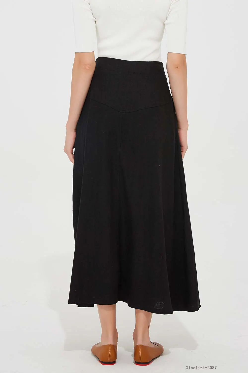 Black Linen A-Line Skirt - Pleated Design with Side Pockets 2087
