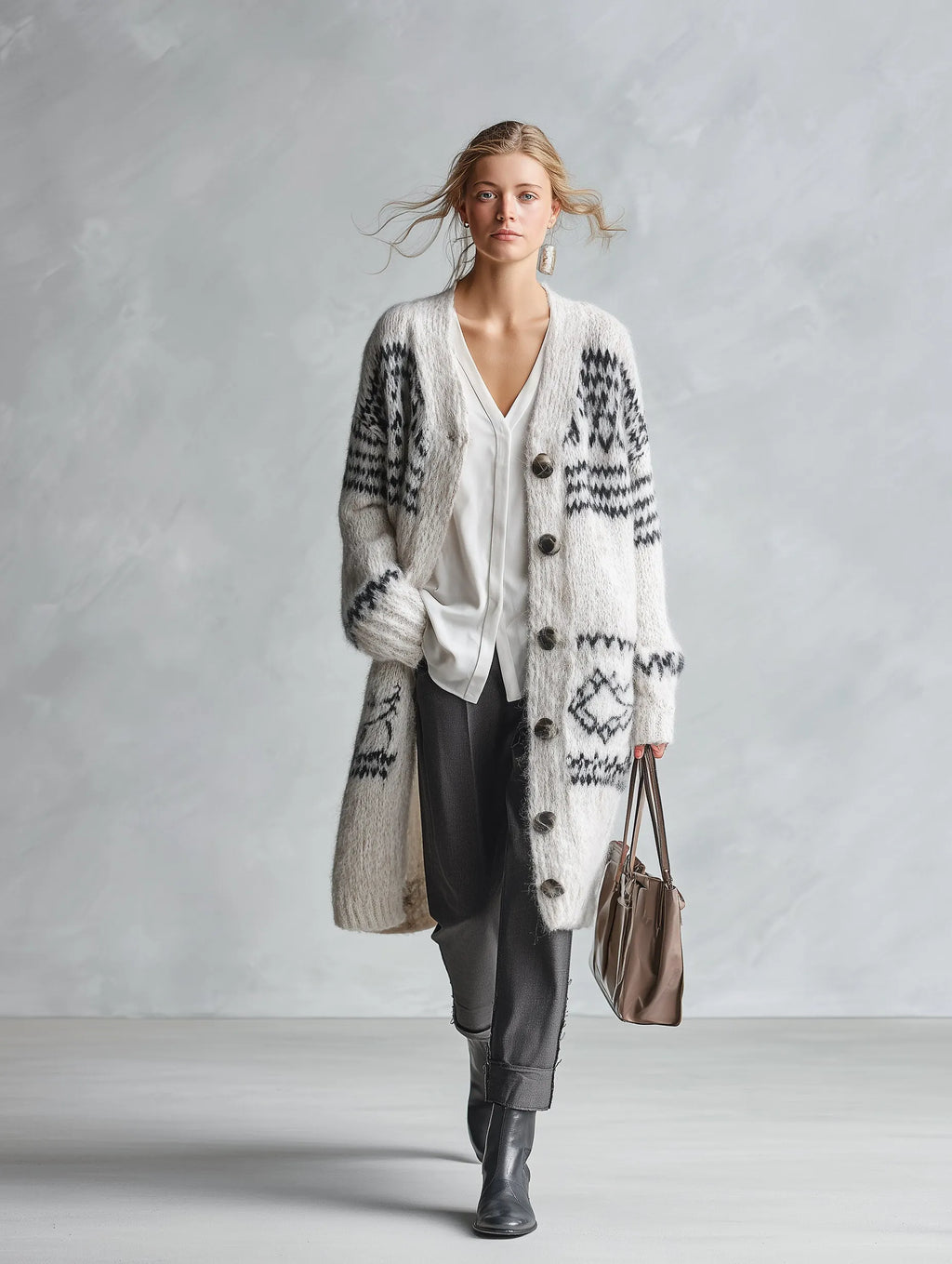 Stylish And Warm White Geometric-Pattern Knit Cardigan