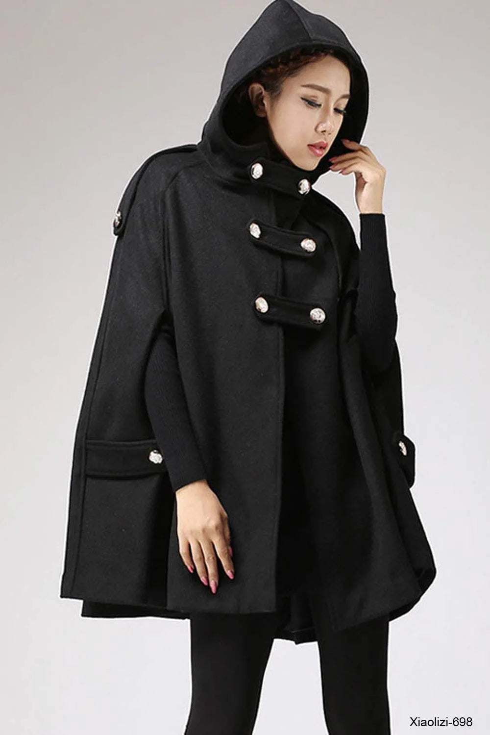 Black Hooded Wool Poncho Coat – Elegant Military Style Cape 