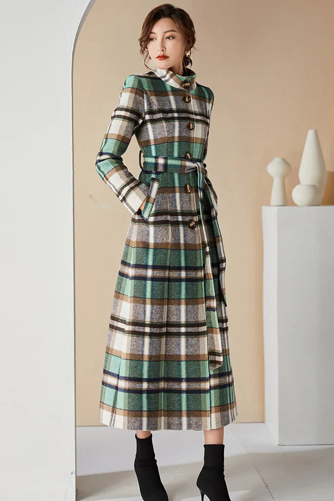 Handmade Green Plaid Wool Coat – Elegant Belted High Neck Long Overcoat 