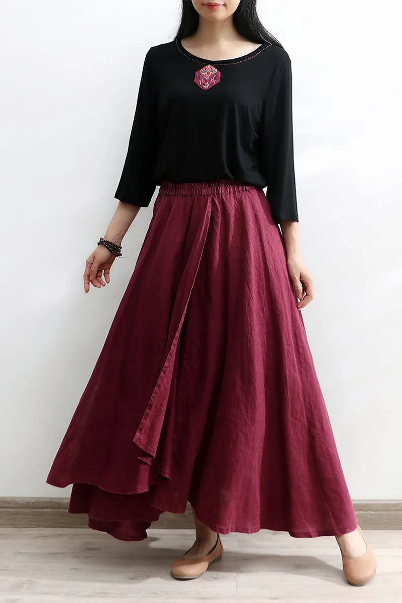 Burgundy Linen Cotton Maxi Skirt - Asymmetrical Soft Flow 4301