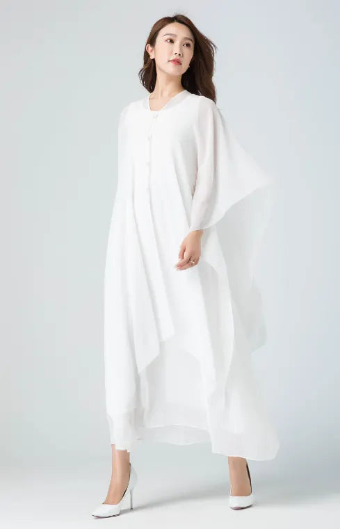 White Chiffon Maxi Dress – Handmade Flowy Cape Sleeve Vintage Elegance 1917