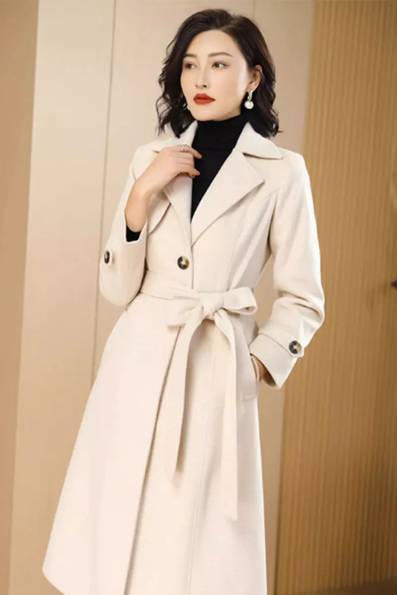 Beige Wool Coat Maxi Dress - Belted Waist Elegant Outerwear 4705