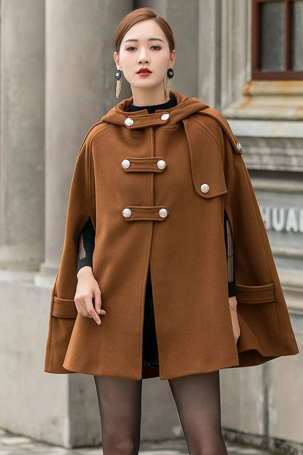 Handmade Brown Wool Cape Coat – Hooded Double-Breasted Winter Overcoat 