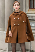 Handmade Brown Wool Cape Coat – Hooded Double-Breasted Winter Overcoat 
