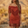 Faux Suede Fringe Off-Shoulder Mini Dress For Women Boho Chic Summer Party Outfit
