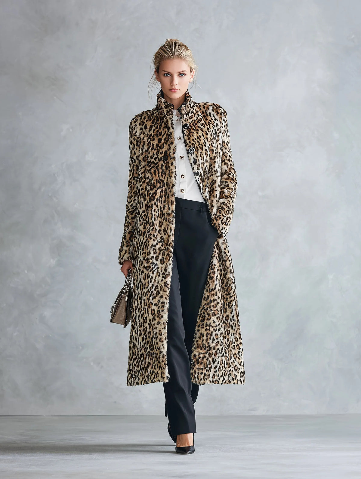 Premium Faux Short-Pile Leopard Print Stand-Collar Coat