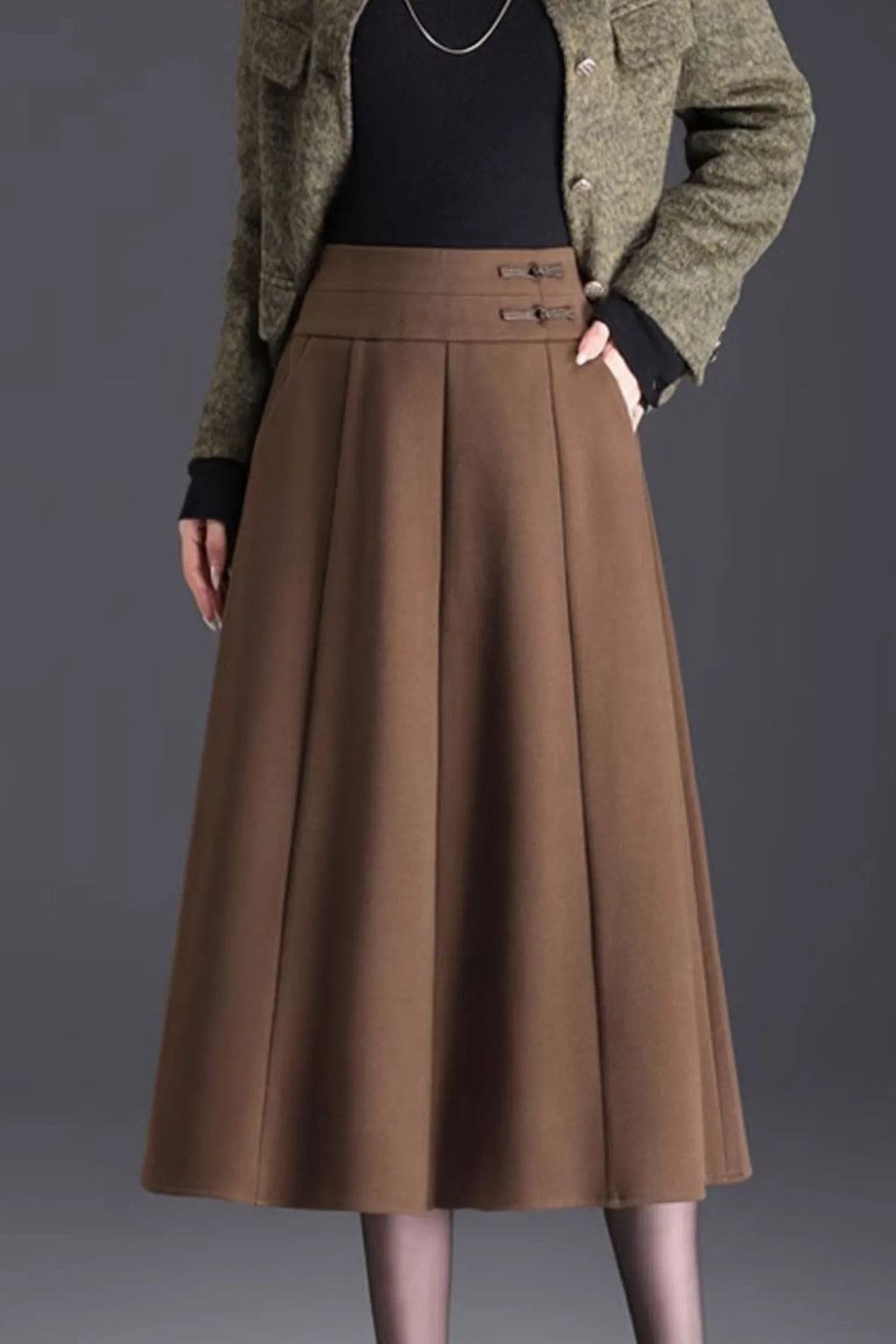 Elegant Brown Wool Skirt – Handmade A-Line Midi, Lined & With Pockets 