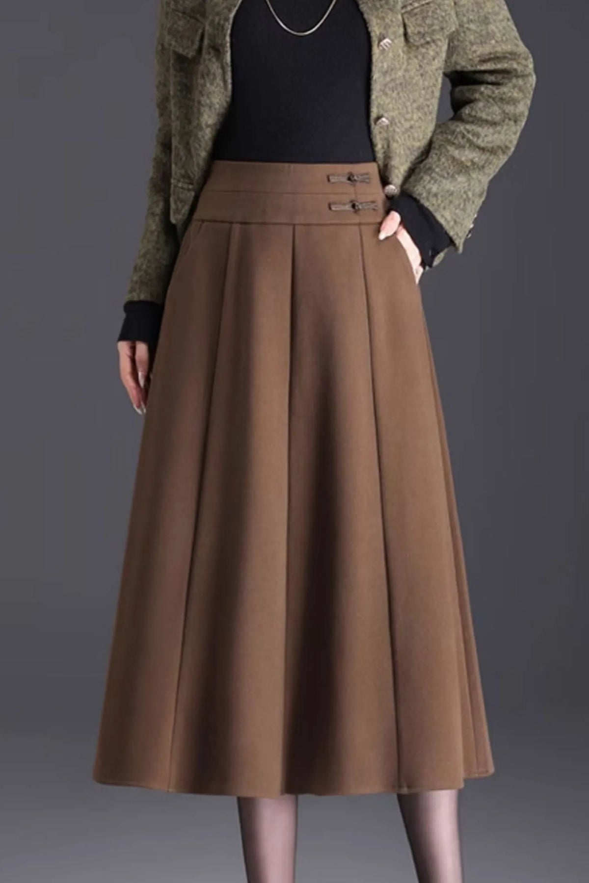 Elegant Brown Wool Skirt – Handmade A-Line Midi, Lined & With Pockets 