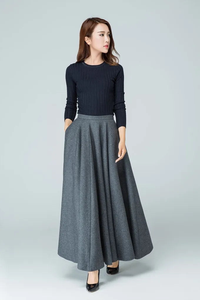 Grey Wool Blend Maxi Circle Skirt - Pleated A-Line 