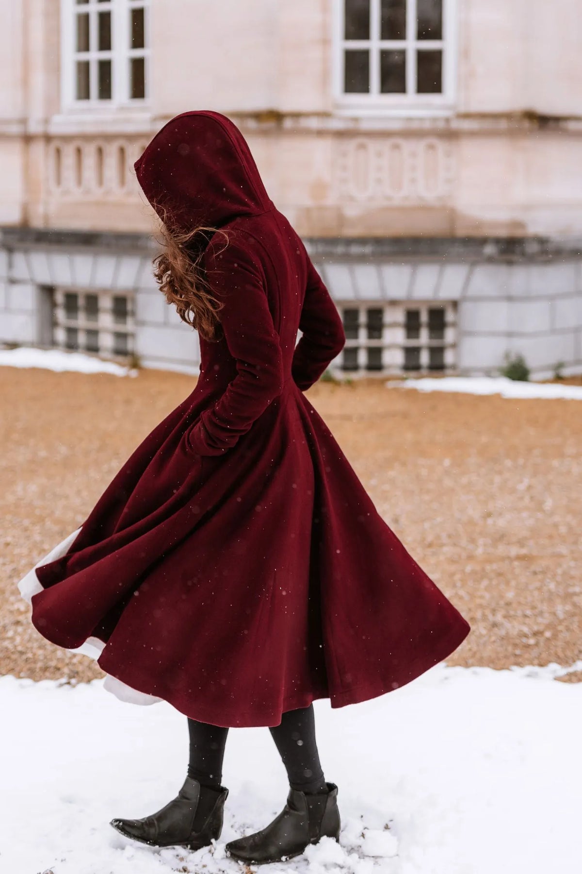 Burgundy Hooded Wool Coat – Romantic Fit & Flare Winter Midi 