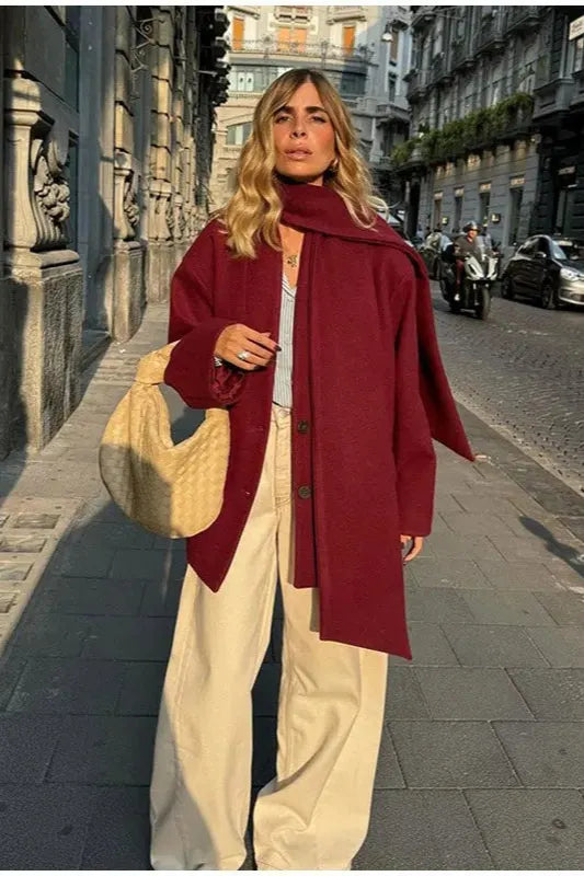 Scarf Collar Single Breasted Wool Coat