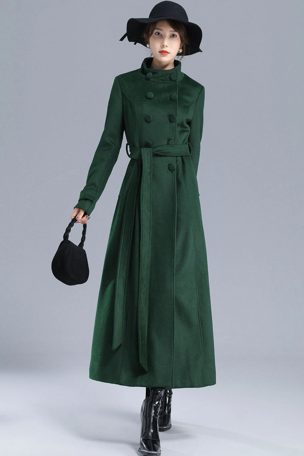 Green Wool Long Coat - Double Breasted with Belt 3214