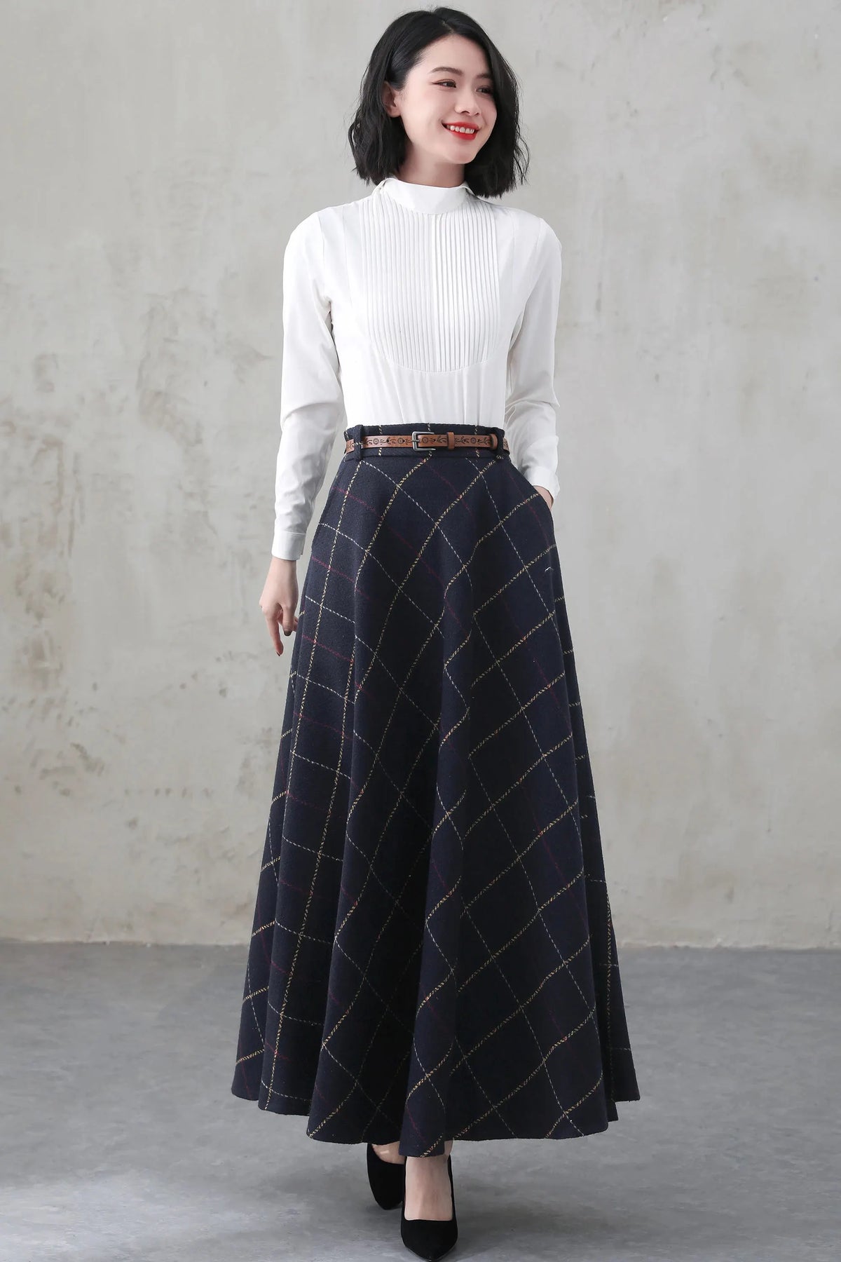 Blue Plaid Wool Blend A-Line Maxi Skirt - Vintage with Pockets 4001