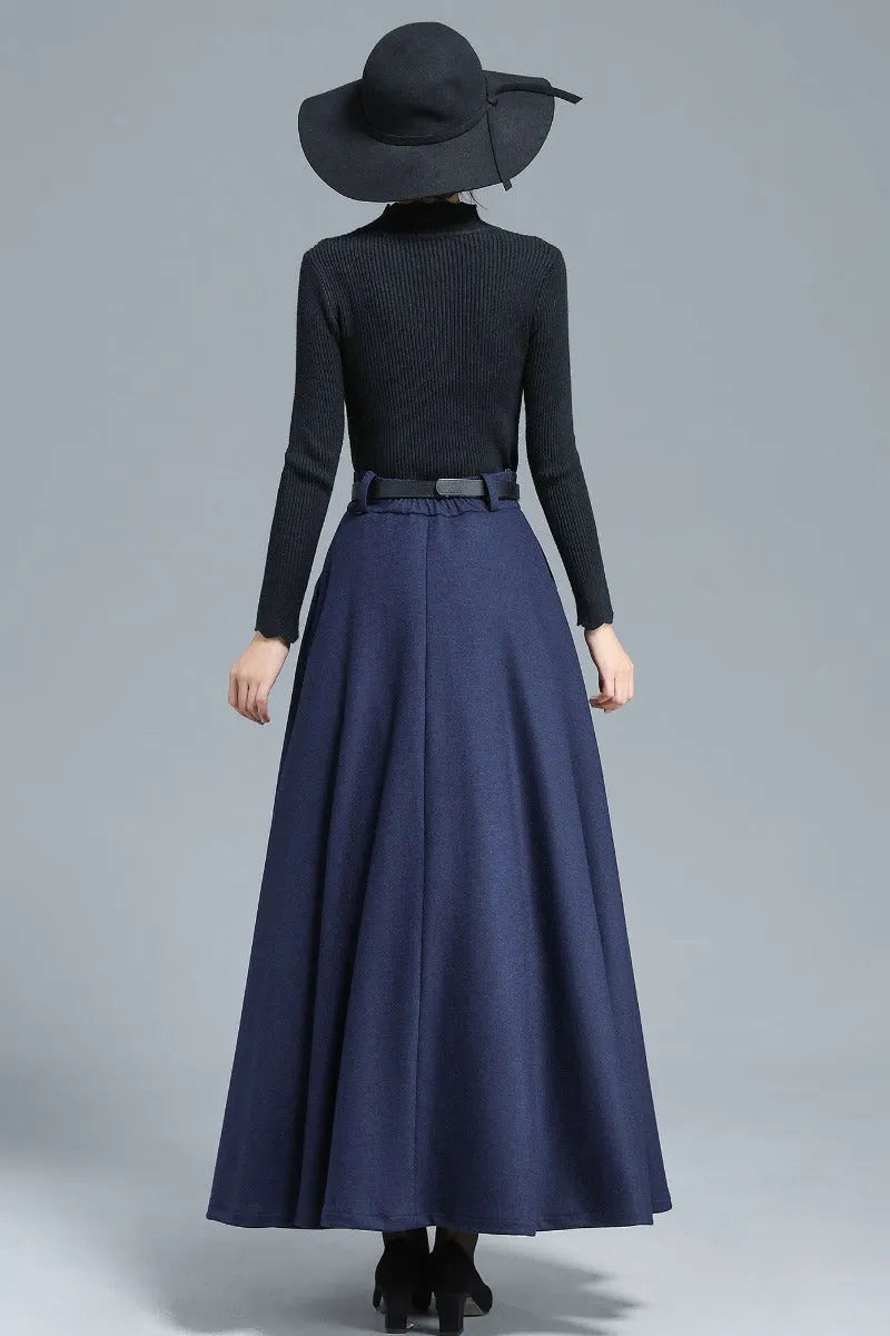 Navy Wool Maxi Skirt - High Waist, Elastic Back 3140