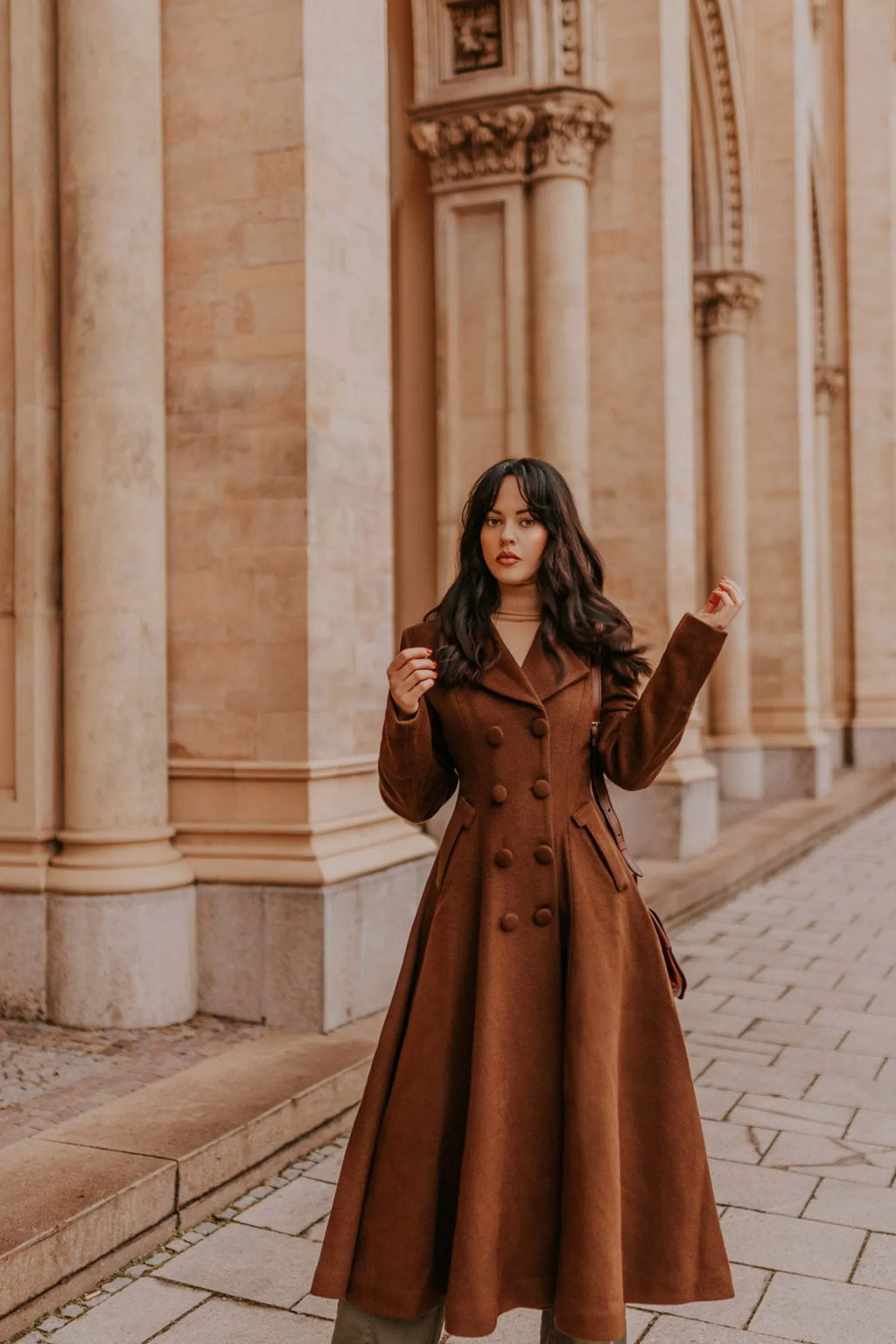Brown Wool A-Line Trench Coat - Double Breasted Maxi 