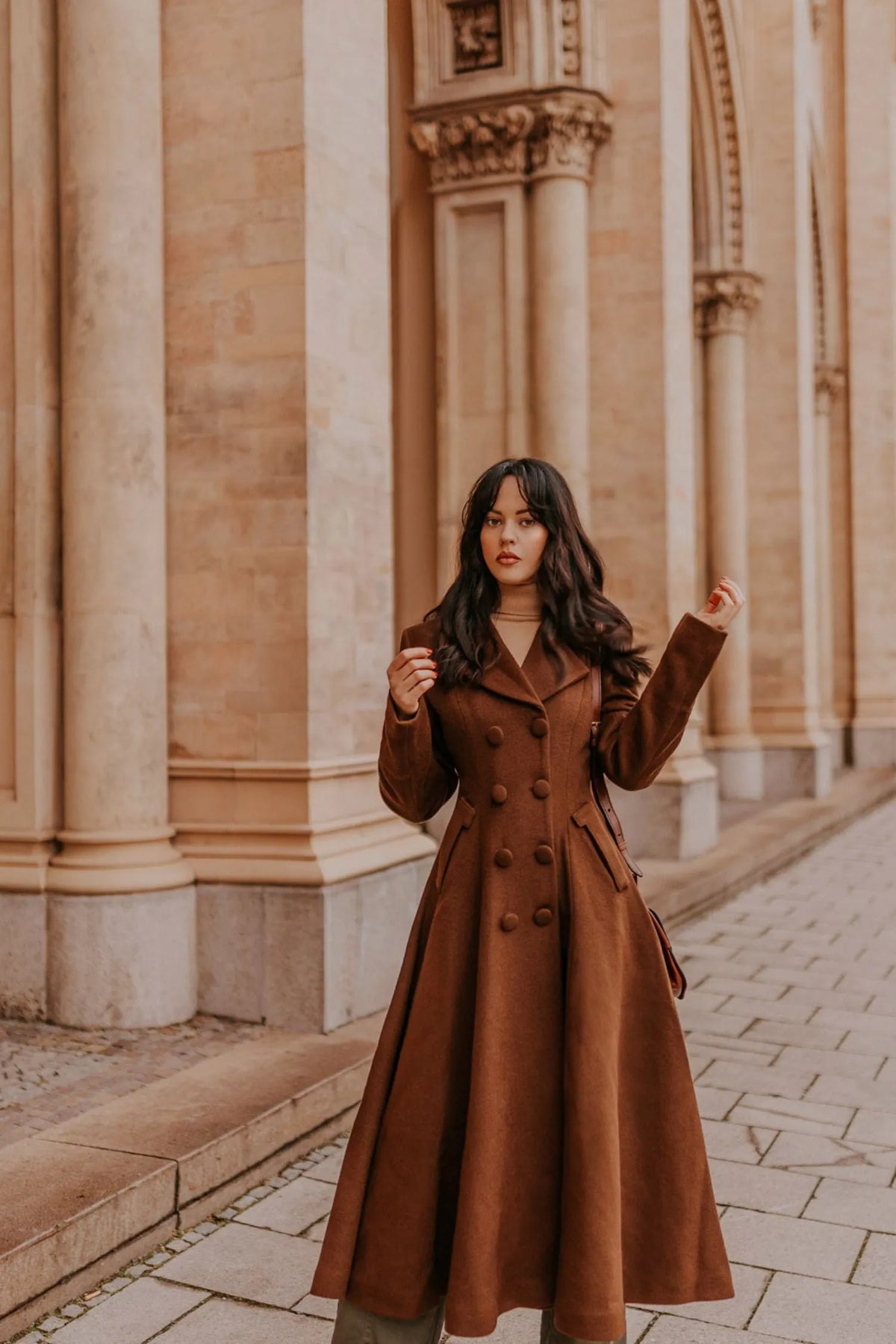 Brown Wool A-Line Trench Coat - Double Breasted Maxi 