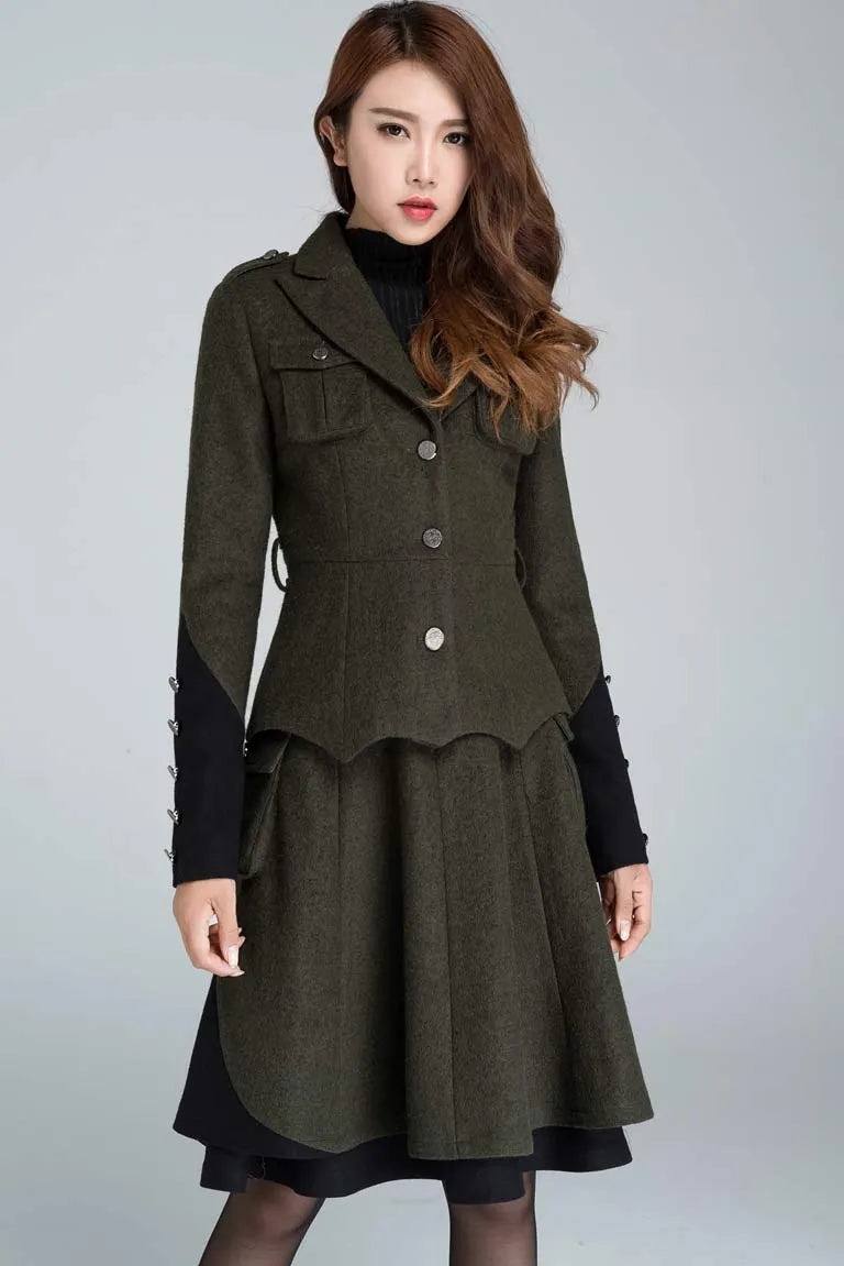 Army Green Wool Winter Coat - Relaxed Fit Button-Down Jacket 1628