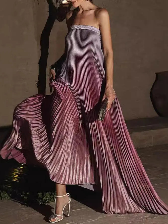 Gradient Strapless Pleated Sleeveless Dress
