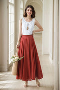Boho Linen Maxi Skirt, Pleated Elastic Waist 