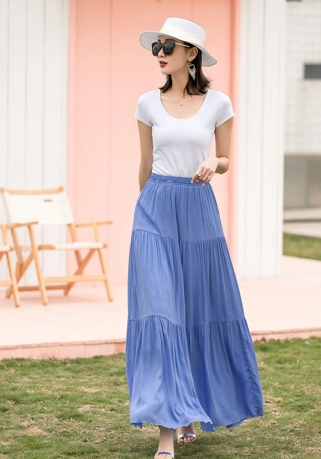 Blue Linen Cotton Maxi Skirt - Tiered, Elastic Waist 2717