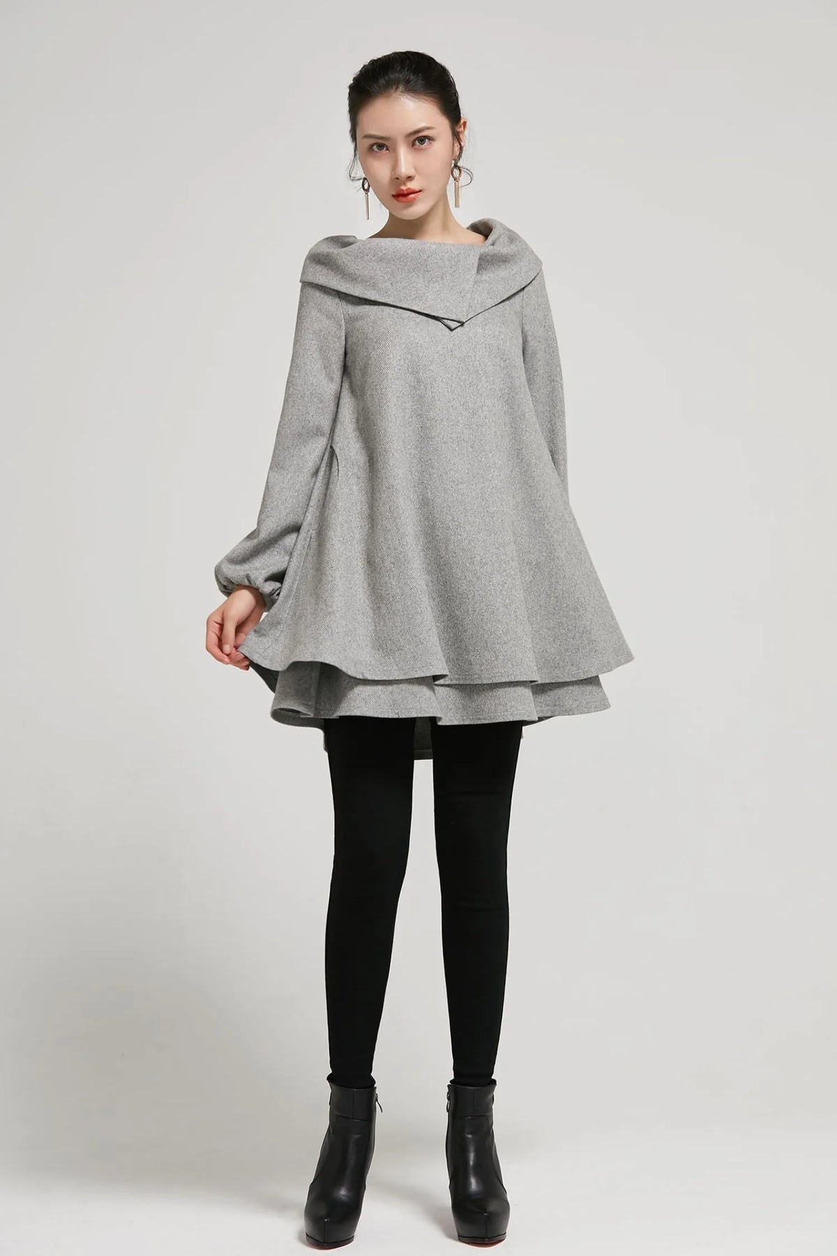 Grey Wool Tunic Dress - Asymmetric Collar & Oversized Silhouette 2310