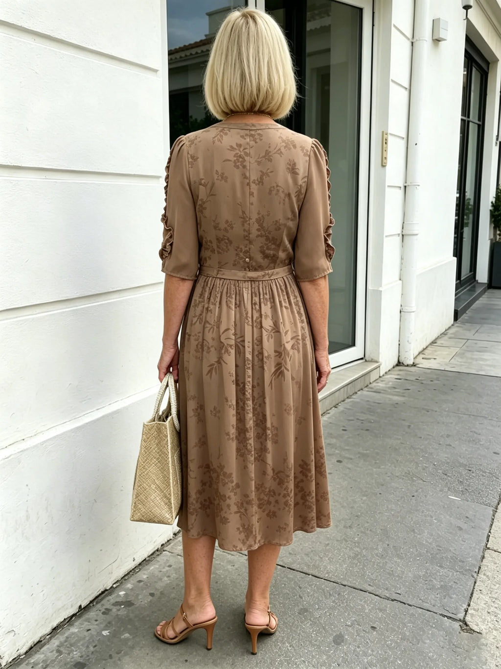 Coffee Brown Floral Print Midi Dress, Split Neck Button Front Ruffle 3/4 Sleeve Tie Waist Slimming Dress for Mature Wome