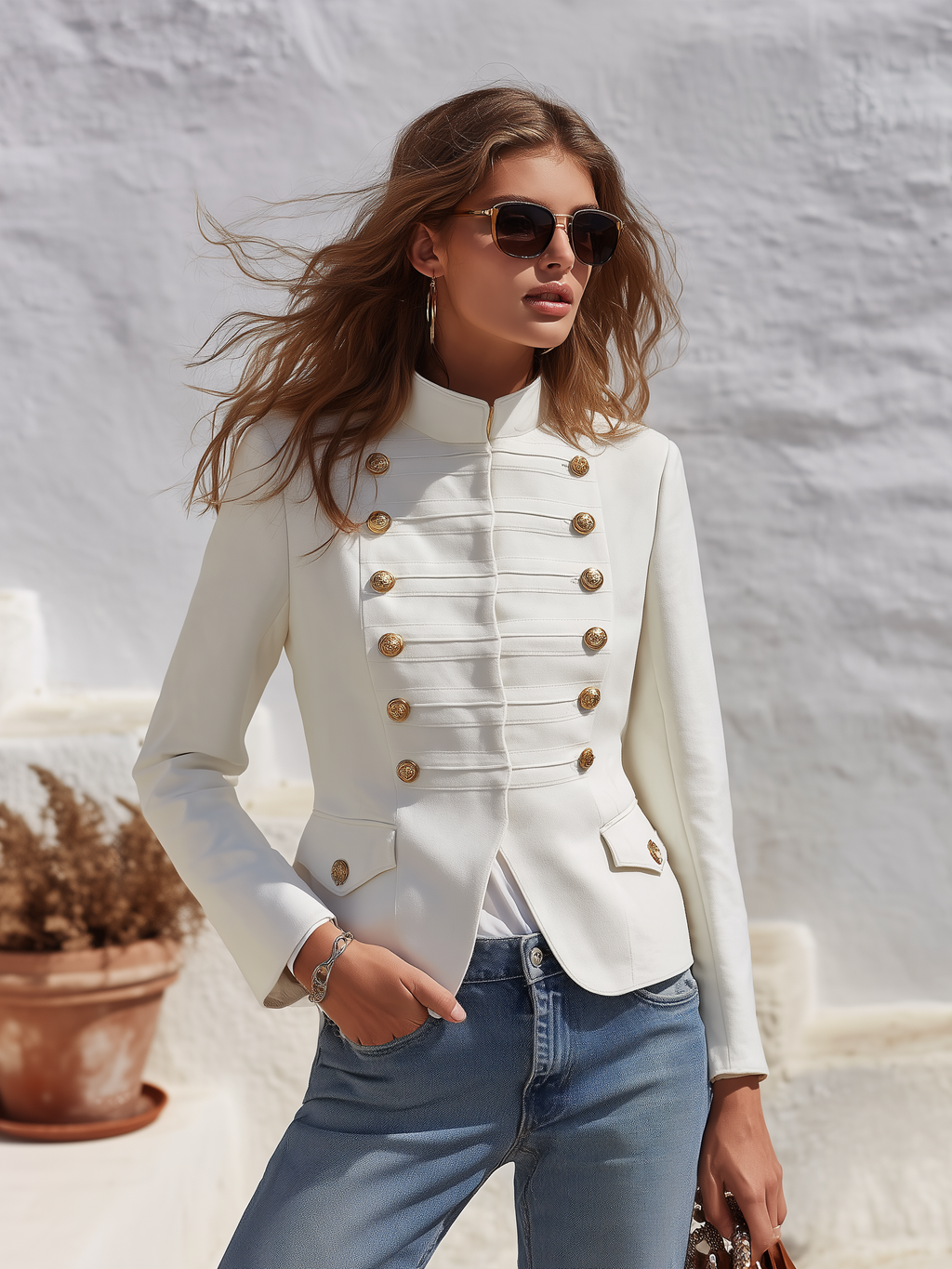 Retro Military Style Multi-row Strap Placket Stand Collar Jacket