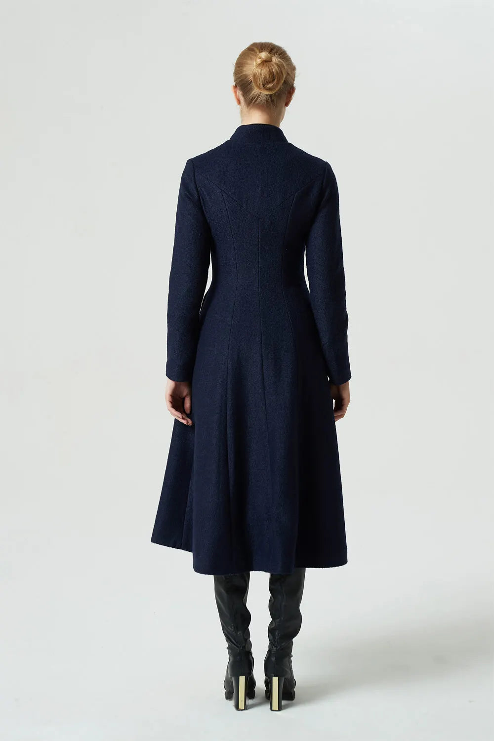 Vintage Wool Coat for Women – Handmade Navy A-Line Midi Winter Coat with Stand Collar 