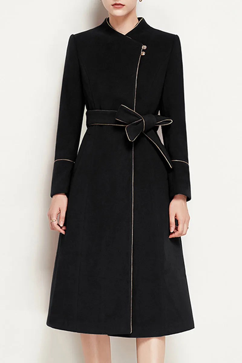 Red Wool Coat – Handmade Asymmetric Button Winter Coat with Feminine Bow Belt 3955