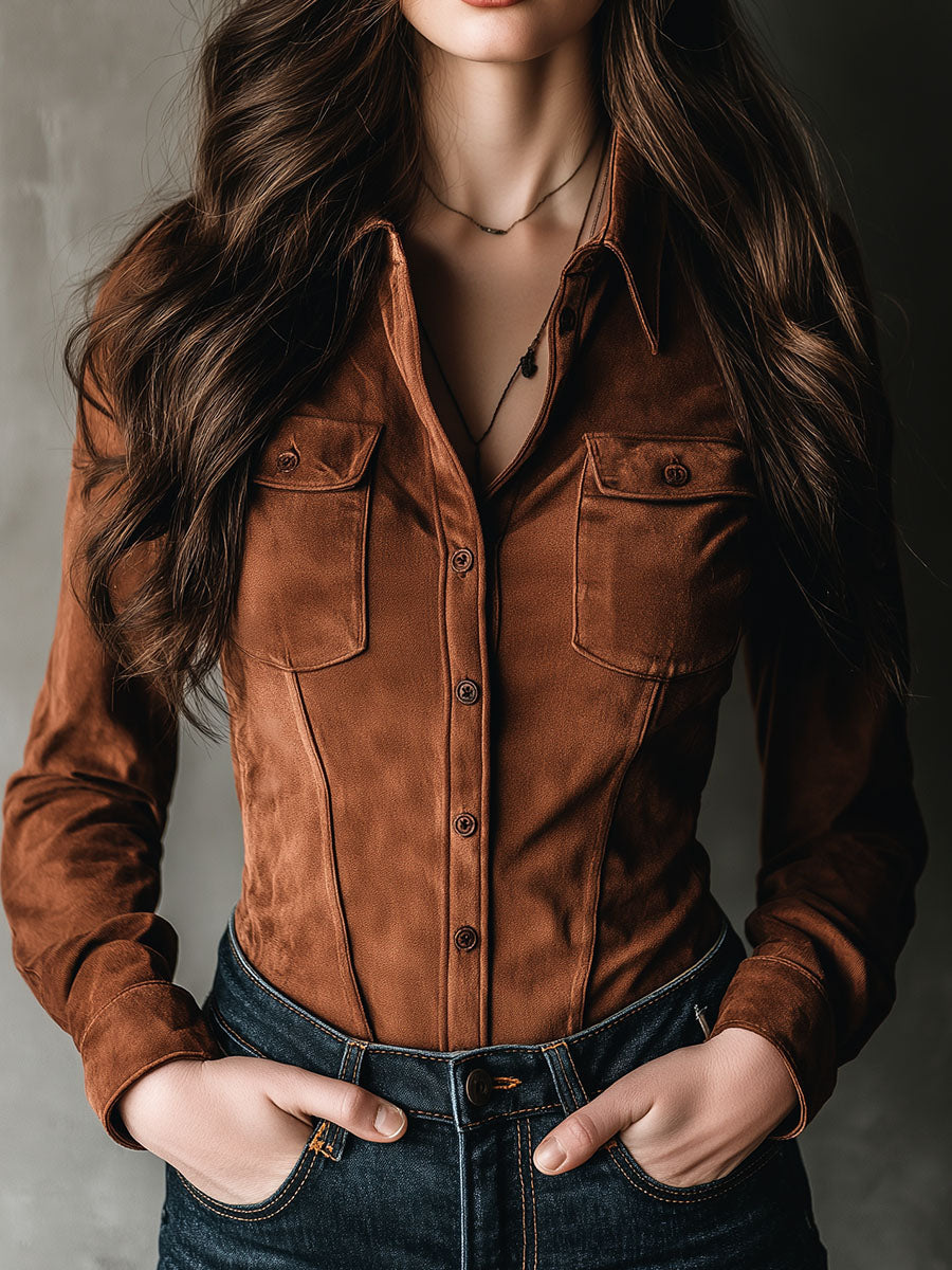 Chic Chestnut Microsuede Button-Up Corset Shirt