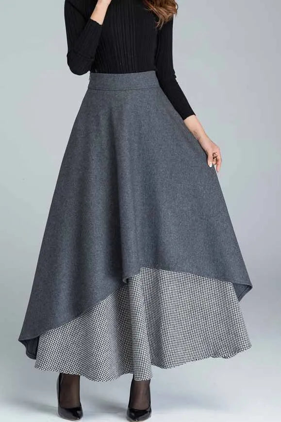 Dark Grey Wool Blend Maxi Skirt – Handmade Layered Vintage Elegance 1625
