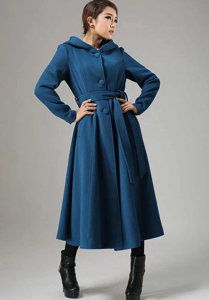 Vintage Teal Blue Wool Coat – Handmade Hooded Belted Winter Overcoat 