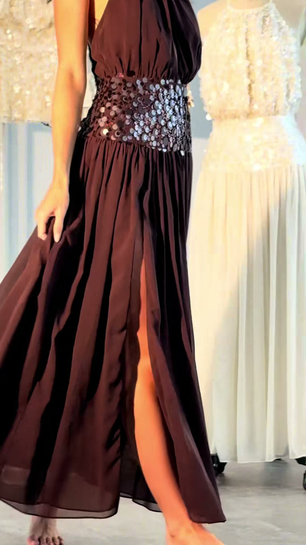 chocolate-brown-halter-gown-sequin-waist-pleated-maxi-dress-with-slit