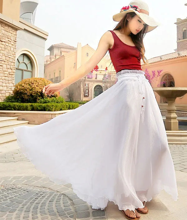 White Chiffon Maxi Skirt - Elastic Waist Ruffle Detail 944