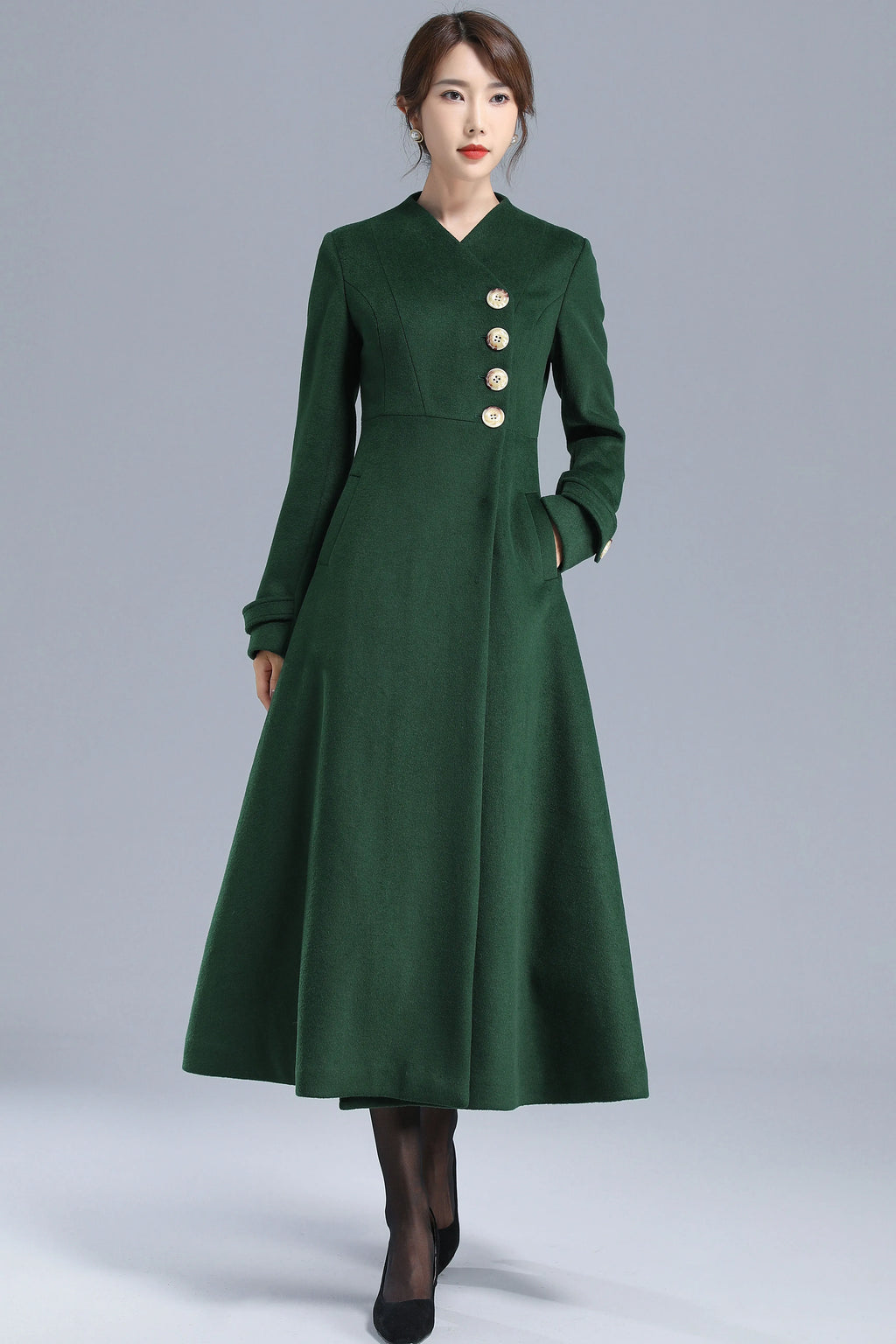 Emerald Green Wool Blend Trench Coat - Fit and Flare Silhouette 3207