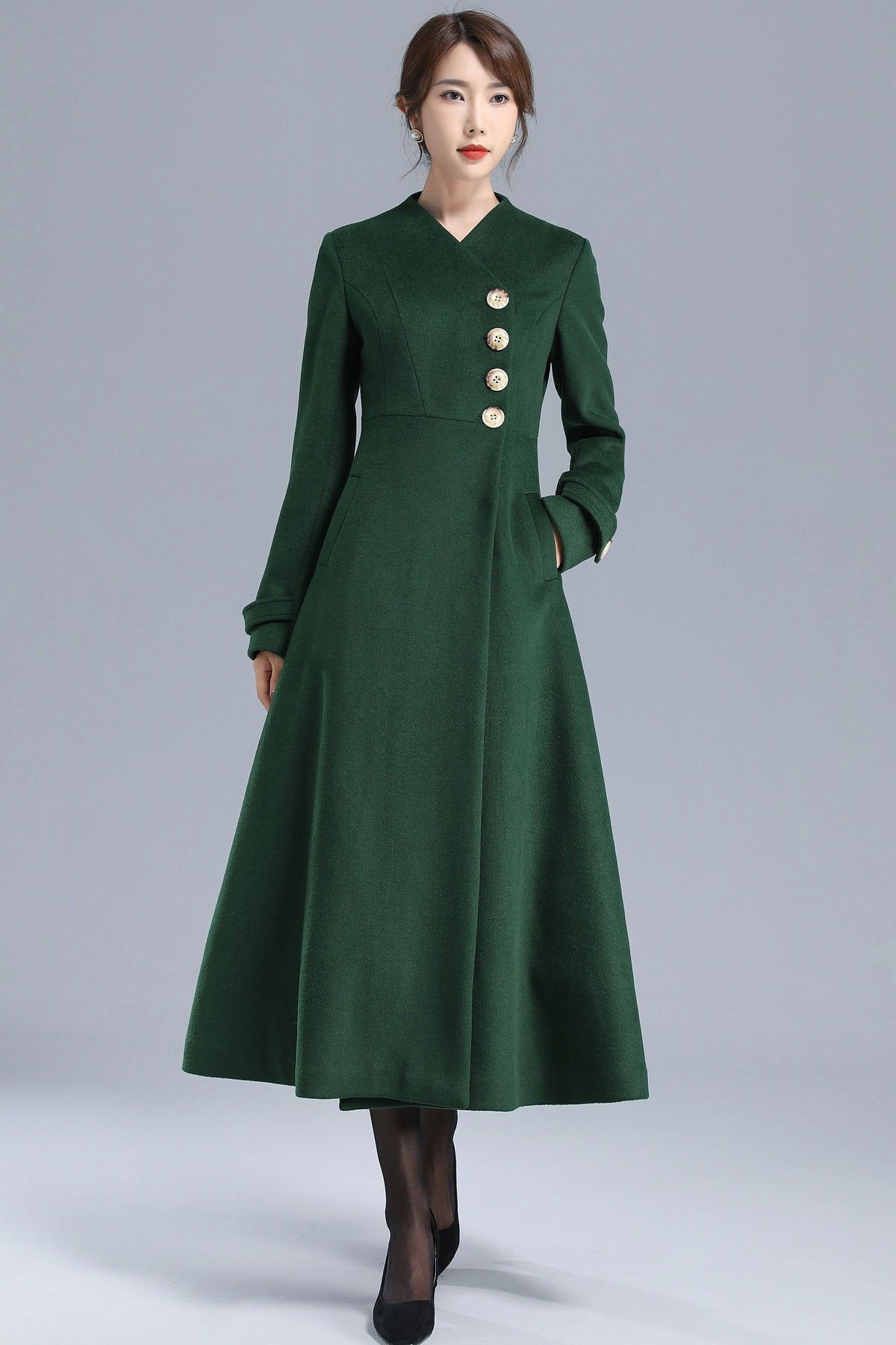 Emerald Green Wool Blend Trench Coat - Fit and Flare Silhouette 3207