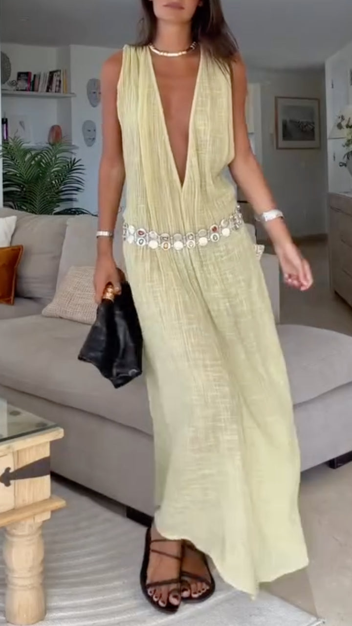 Crinkle Gauze Deep V‐Neck Maxi Dress