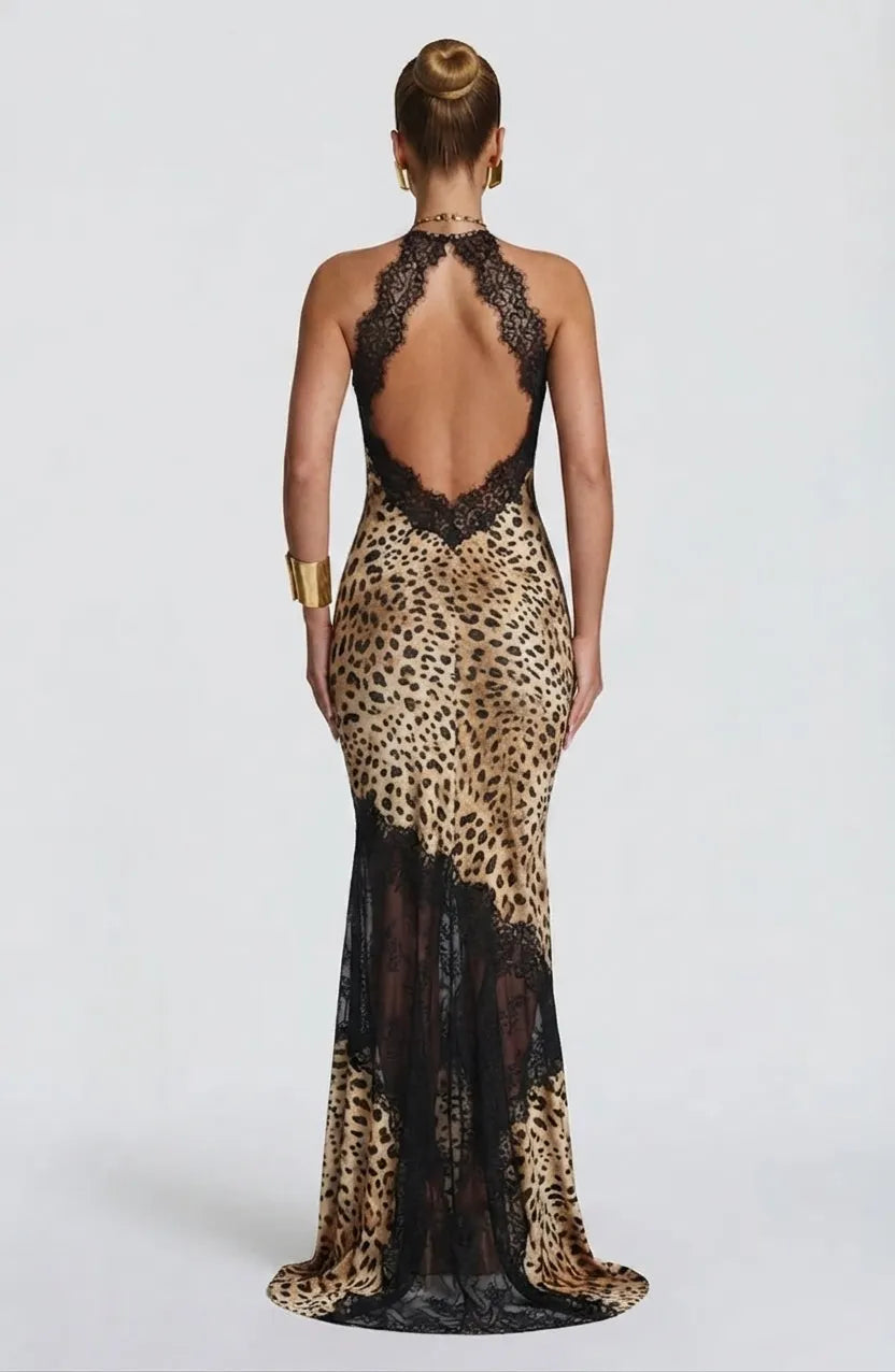 Leopard Print Lace Halter Maxi Dress