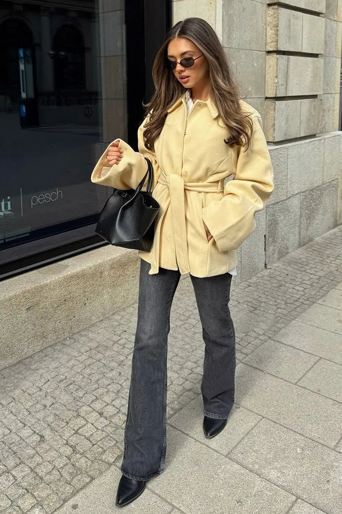 Solid Color Belted Midi Wool Blend Coat