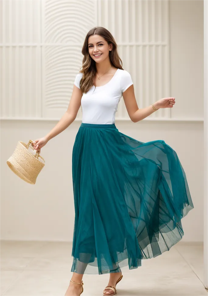 Boho Chiffon Midi Skirt, Elastic Waist Circle Skirt 