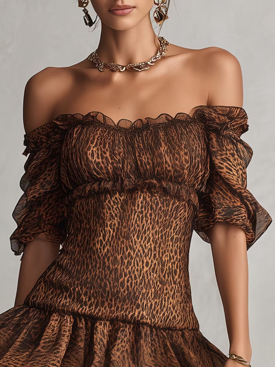Retro Strapless Ruffled Leopard Print Chiffon Mini Dress