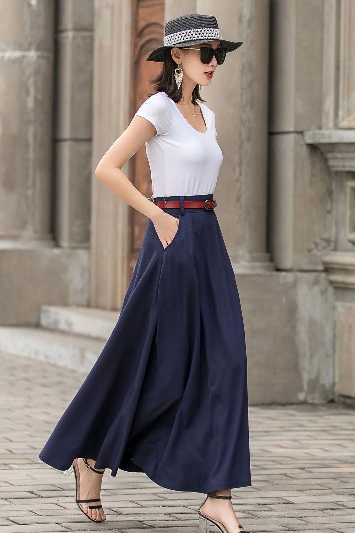Navy Blue Linen Cotton Maxi Skirt – Minimalist A-Line Long Skirt with Pockets 2716