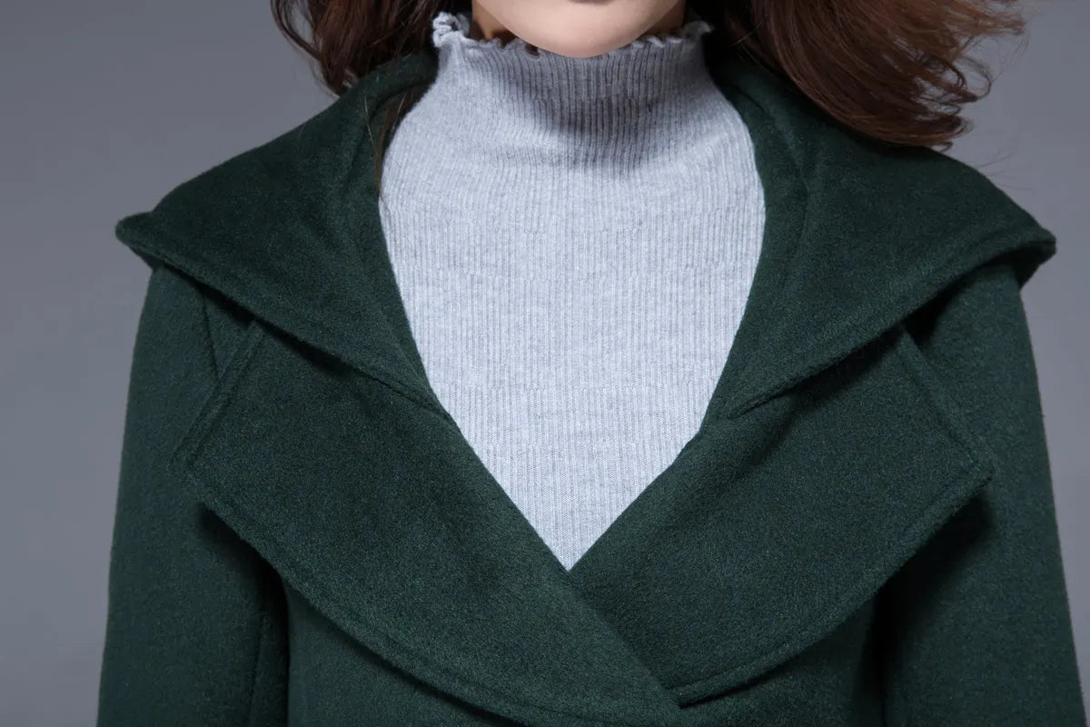 Vintage Wool Coat for Women – Handmade Green Double Breasted Hooded Belted Winter Coat 