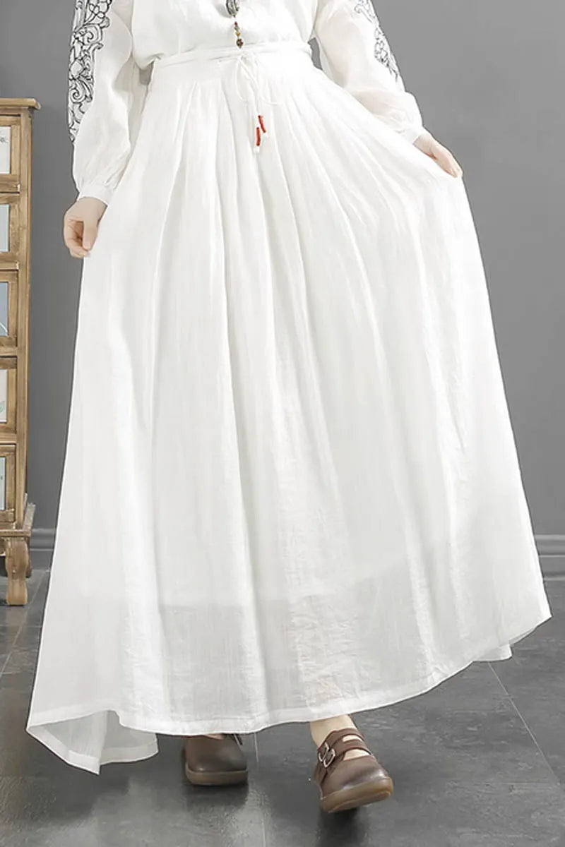 White Linen Maxi Skirt - Elastic Waist A-Line Flow 4345