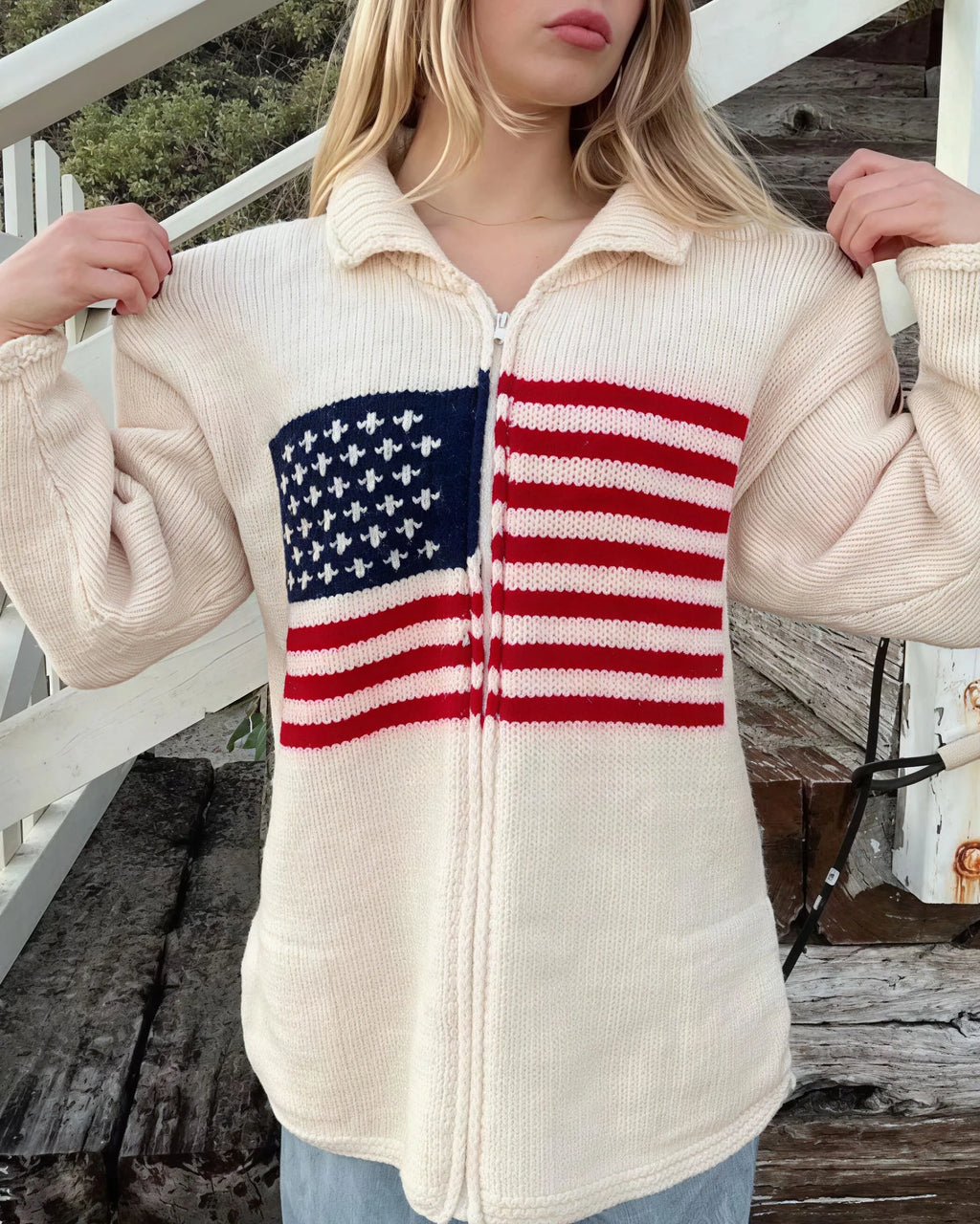 Warm Flag Print Stylish Knit Cardigan